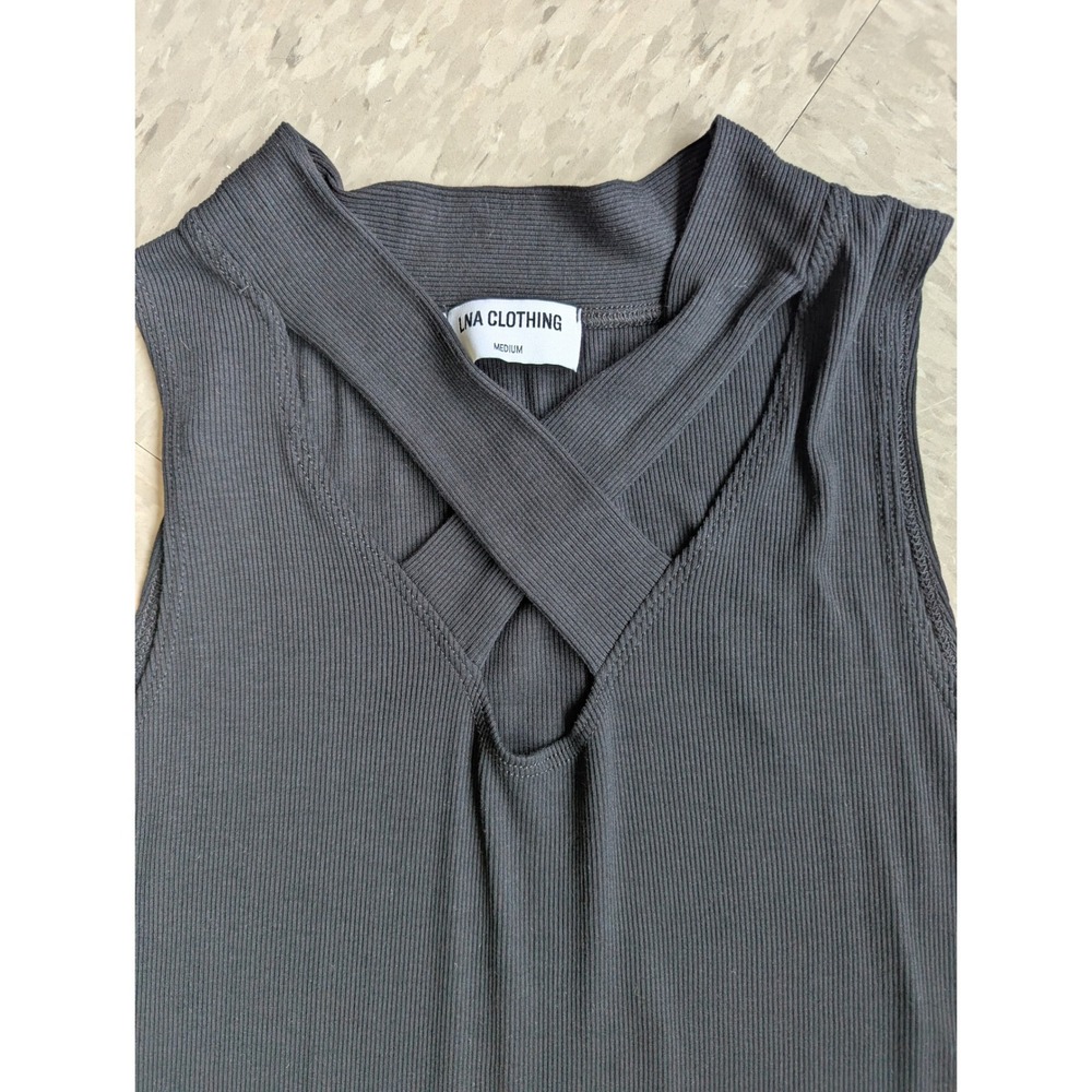 LNA Clothing Ribbed Midi Dress Black Criss Cross Neck Keyhole Sleeveless Medium - Picture 4 of 7